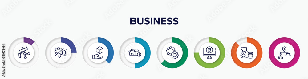 infographic element with business outline icons. included wholesaler, cooperate, payment method, piggybank, mobile payment, auctioneer, instructions, refund vector. infographic element with business outline icons. included wholesaler, cooperate, payment method, piggybank, mobile payment, auctioneer, instructions, refund vector.