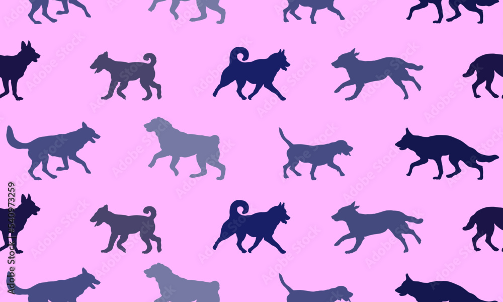 Seamless pattern. Dogs various breeds in different poses. Endless texture. Design for fabric, decor, wallpaper, wrapping paper, surface design.