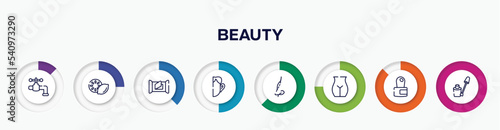 infographic element with beauty outline icons. included faucet, lemon slice, wet wipes, otoplasty, rhinoplasty, , cuticle, nail color vector.