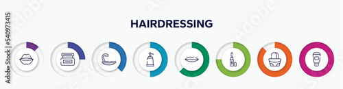 infographic element with hairdressing outline icons. included kiss, hair cream, hair wash sink, null, seductive, concealer, hand bag, hair softener vector.