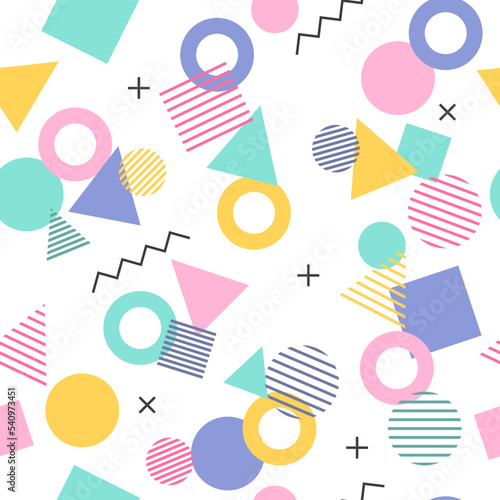 Abstract memphis background. Seamless pattern. Isolated white background. Colorful pattern from geometric shapes in Memphis style. Cartoon background.