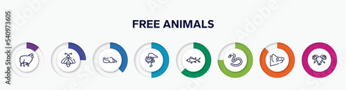 infographic element with free animals outline icons. included sheep with curly wool, big bee, seashell conch, flamingo with leg up, big tuna, earth worm, chameleon head, ram vector.
