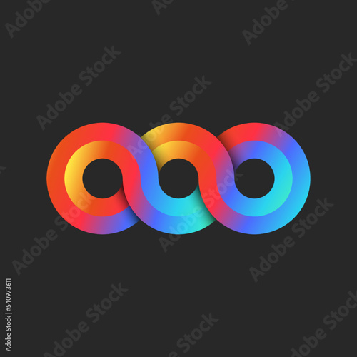 Infinity 3d logo rainbow gradient, endless 3 circles geometric shape from chain loops bright pattern.