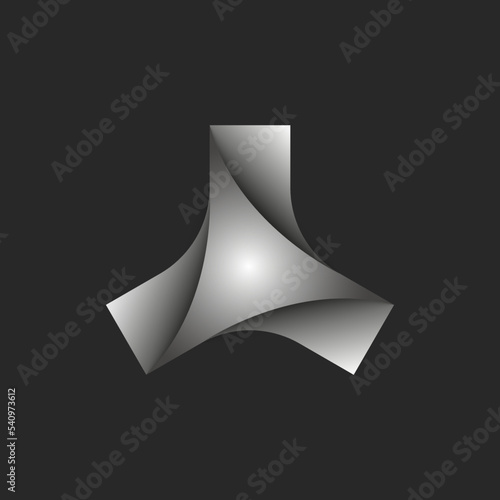 Consortium logo 3d abstract triangle geometric propeller shape, creative gray gradient geometric multilevel construction. Alliance or union symbol with realistic shadow.