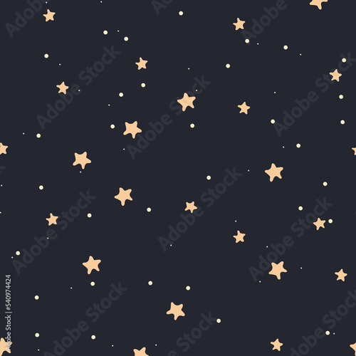 A pattern in the starry sky  a hand drawing. Blue sky with yellow stars. Suitable for printing on textiles and paper. Gift wrapping and bed linen.