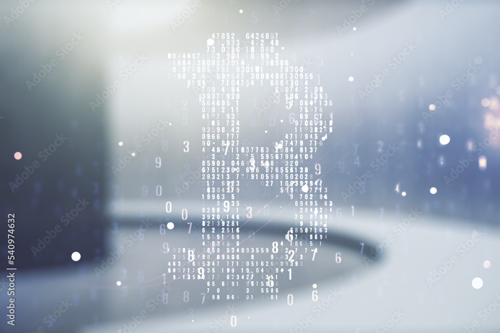Double exposure of creative Bitcoin symbol hologram on empty modern office background. Cryptocurrency concept Double exposure of creative Bitcoin symbol hologram on empty modern office background. Cryptocurrency concept