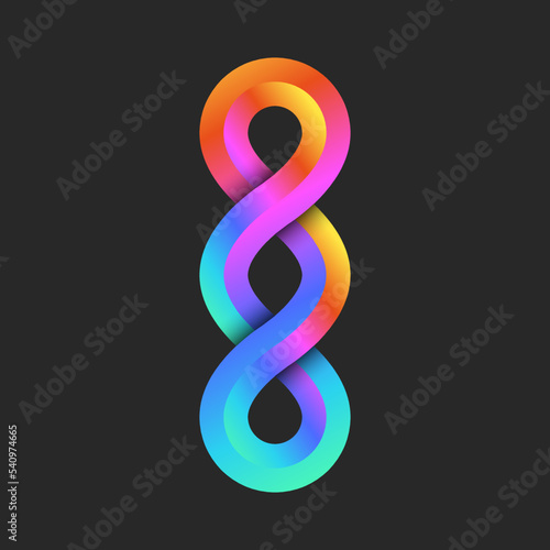 Infinity form logo 3d three loops geometric vertical chain shape, vivid gradient infinite technology symbol.