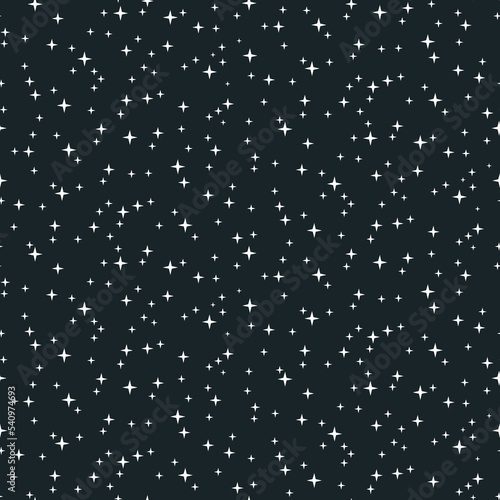 The pattern of the night sky with stars. Glitter on a blue background. Glowing stars on a blue background. Suitable for printing on textiles and paper. Gift wrapping, banner, flyer, wallpaper, bedding