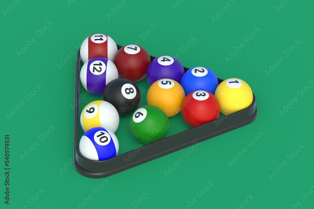 Billiard balls in plastic triangle. Game for leisure. Sports equipment. 3d render Billiard balls in plastic triangle. Game for leisure. Sports equipment. 3d render