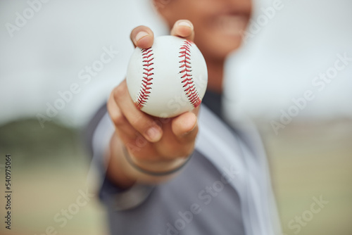 Fototapeta Naklejka Na Ścianę i Meble -  Athlete with baseball in hand, man holding ball on outdoor sports field or pitch in New York stadium. American baseball players catch, exercise fitness with homerun or retro sport bokeh background