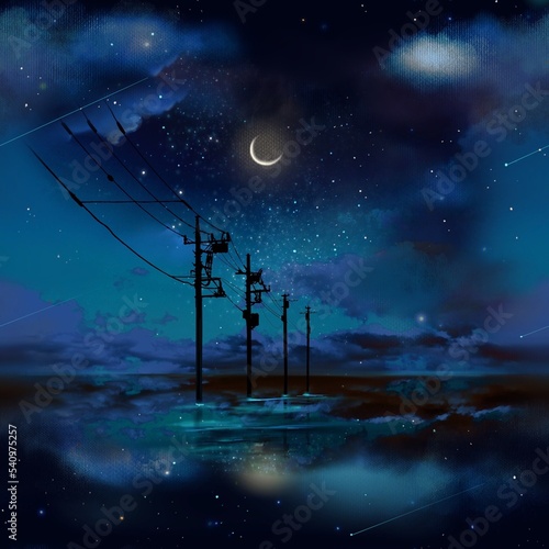 夕闇の中輝く月と星空と海面に立つ電信柱と地平線に続く電線の不思議な風景画シームレスパターンイラスト
