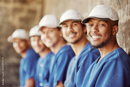 Photography Sports, baseball and team of players in dugout smiling and happy, sitting in row