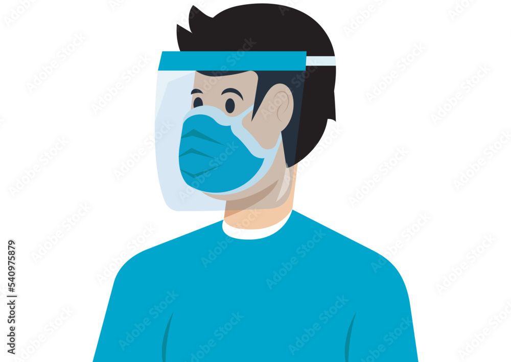 Man wearing a face shield and face mask to protect him from the coronavirus. Face shield mask for personal protection. Mask, face protection