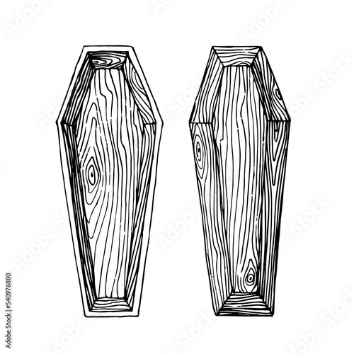 An empty wooden coffin with a lid. Vector illustration with black lines isolated on white background in a doodle and hand drawn style.