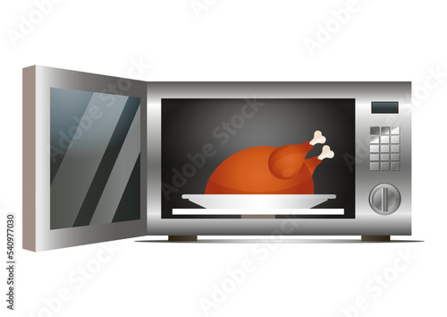 Modern kitchen microwave isolated on white background. Open microwave with cooked chicken