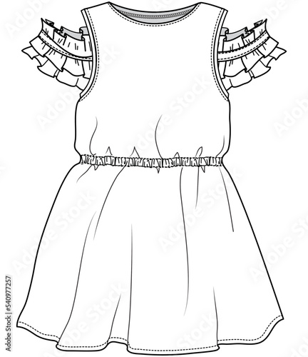 girls cold shoulder ruffle dress flat sketch vector illustration technical cad drawing template.