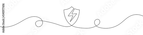 Continuous linear drawing of shield with lightning. Safety concept. Abstract background drawn with one line. Vector illustration.