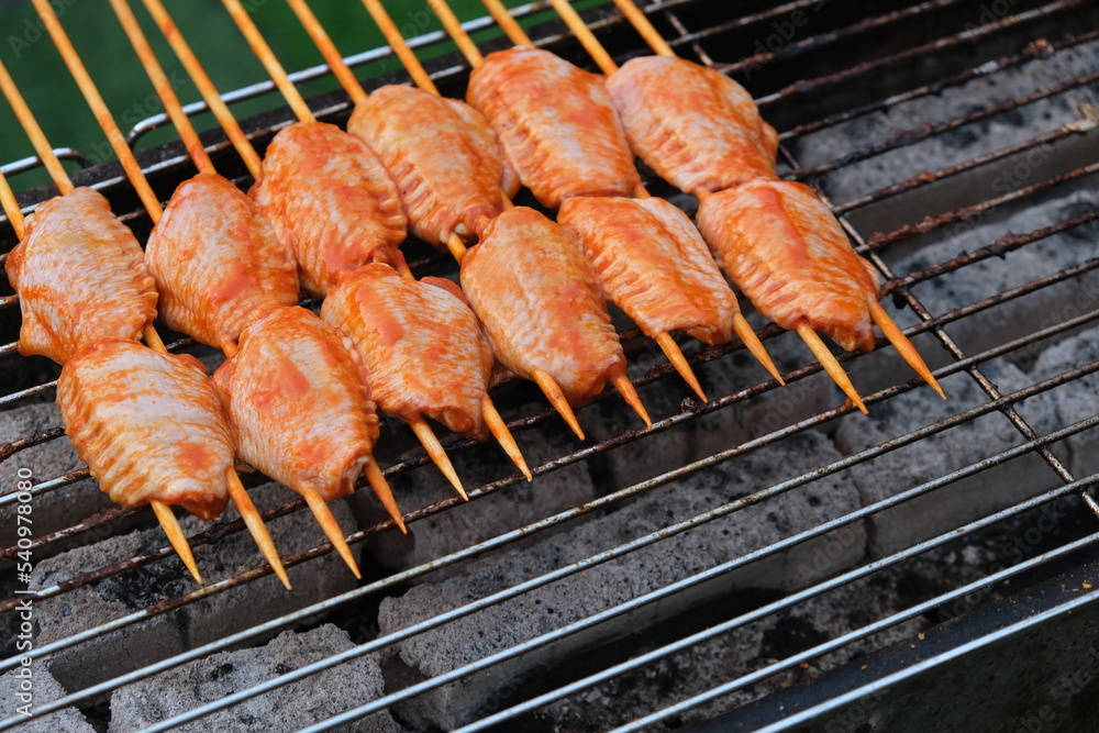 close up several raw chicken wings on barbecue grill close up several raw chicken wings on barbecue grill