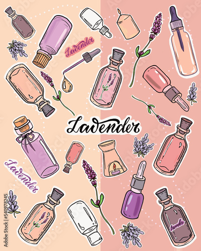 Aromatherapy sticker set. Lavender oil stickers. Set of essential oil bottle stickers, lavender flowers, candles. Lavender Sticker park concept, illustration, hand drawn, vector. Diary stickers, print