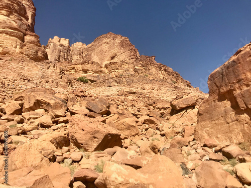 Wadi Rum, Jordan, November 2019 - A canyon with a mountain in the background