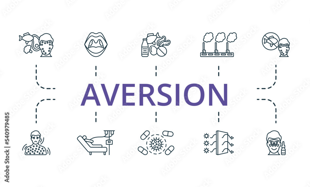 Aversion icon set. Monochrome simple Aversion icon collection. Food Allergy, Adenoids, Allergen, Air Pollution, Elimination Diet, Anaphylaxis, Chemotherapy, Antibiotic Resistant, Hepa Filter