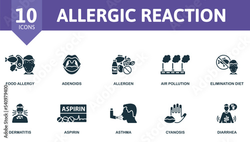 Allergic Reaction icon set. Monochrome simple Allergic Reaction icon collection. Food Allergy, Adenoids, Allergen, Air Pollution, Elimination Diet, Dermatitis, Aspirin, Asthma, Cyanosis, Diarrhea icon