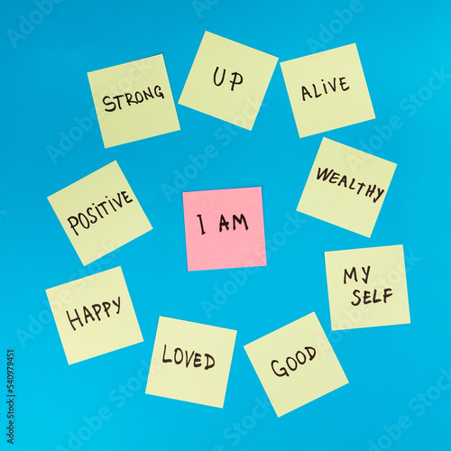 Empowering quotes, notes, messages with the words I am in center with other positive thoughts and words around it