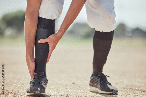 Fotobehang Sports, field and man with ankle injury after game, competition or baseball performance workout