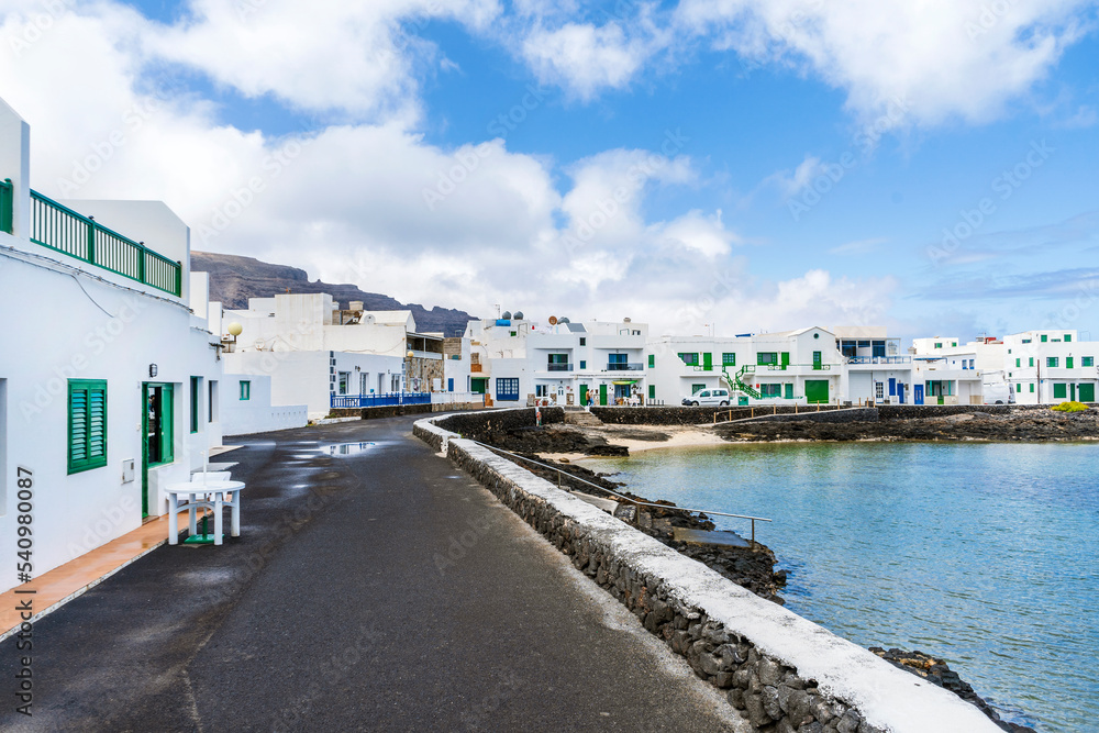 White buildings at the coast of Corralejo, Lanzarote, Canary Islands, Spain