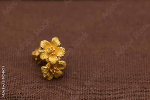Flower gold earrings on a reddish-brown fabric background.
