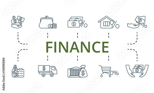 Finance icon set. Monochrome simple Finance icon collection. Income, Purse, Loan, Mortgage, Crediting, Saving Plan, Encashment, Deposit, Installments, Own Funds icon