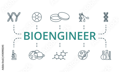 Bioengineer icon set. Monochrome simple Bioengineer icon collection. Chromosome, Nuclear, Petri Cup, Genetic Engineering, Dna, Microscope, Planetology, Molecular Structure, Bacteriology, Chemical