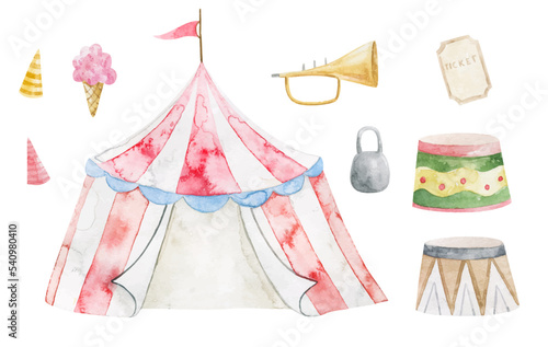 cute childish set with circus elements, party, perfomance collection, clipart