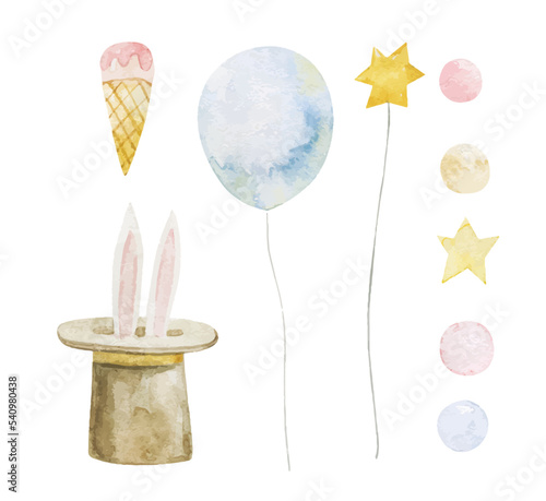 cute childish set with circus elements, party, perfomance collection, clipart