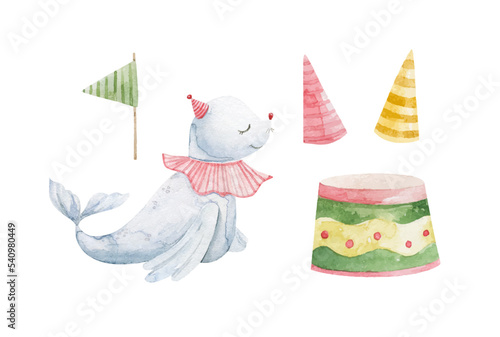 cute childish set with circus elements, party, perfomance collection, clipart