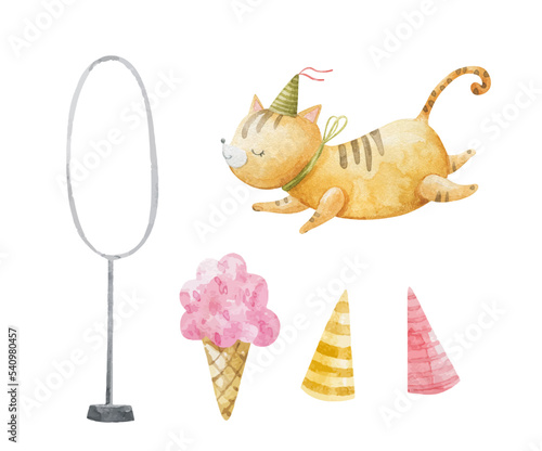 cute childish set with circus elements, party, perfomance collection, clipart