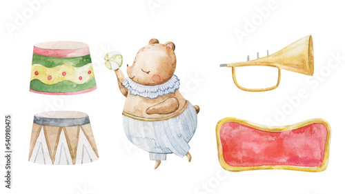 cute childish set with circus elements, party, perfomance collection, clipart