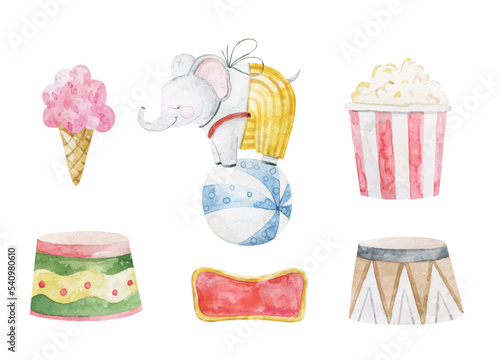 cute childish set with circus elements, party, perfomance collection, clipart