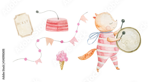 cute childish set with circus elements, party, perfomance collection, clipart