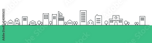 緑色の背景と街並みの線画のイラスト　線画　シルエット　ベクター背景素材　SDGs　持続可能な