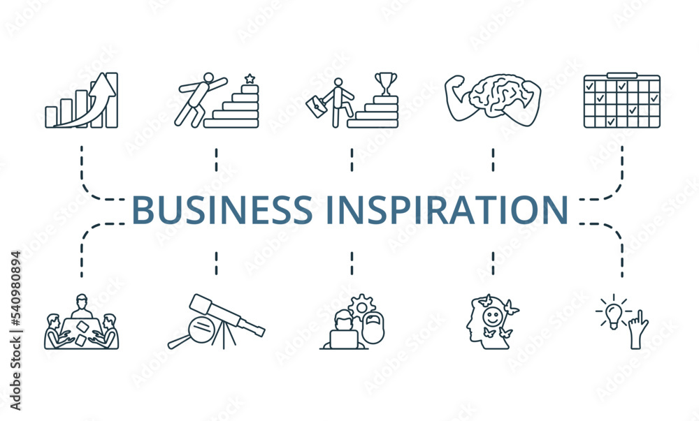 Business Inspiration icon set. Monochrome simple Business Inspiration icon collection. Growth, Motivation, Career, Mind Power, Planning, Meeting, Discover, Hard Work, Positive Thinking, Idea icon