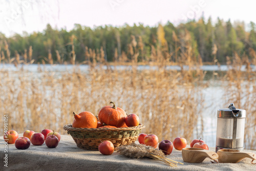 A beautiful basket with pumpkins, red apples, a teapot and black tea in wooden mugs on a table covered with a canvas tablecloth. Autumn still life on the background of the lake.