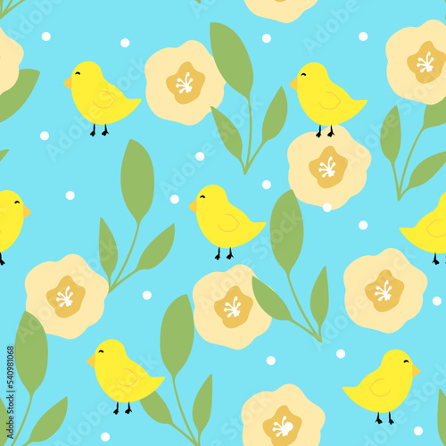 Seamless pattern with hand drawn birds flowers and abstract elements botanical illustration for wrapping and textile minimalist print abstract floral motif for Easter decoration mothers day.