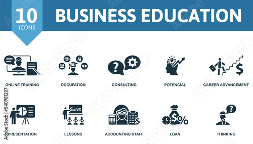 Business Education icon set. Monochrome simple Business Education icon collection. Online Training, Occupation, Consulting, Potencial, Career Advancement, Presentation, Lessons, Accounting Staff, Loan