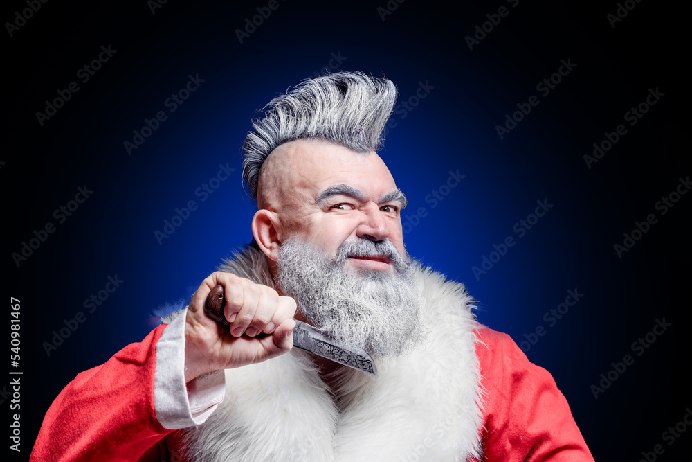 Severe dangerous Santa Claus with mohawk. Evil aggressive grayhaired old man Santa in a bad