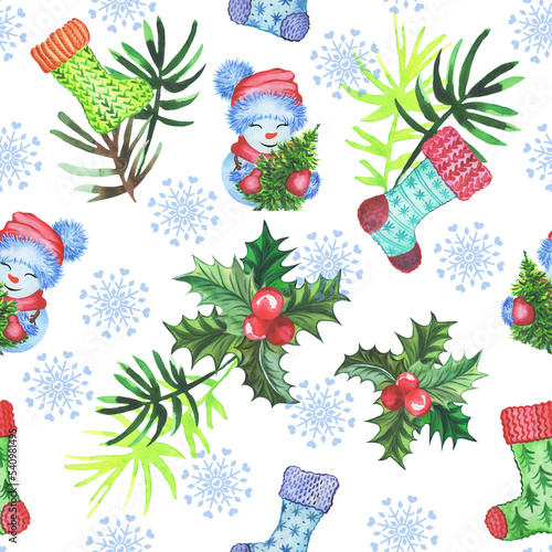 Christmas ornament, holly socks and berries, snowman and spruce branches on a white background.