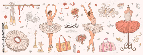 Hand drawn sketch ballet set. Vector illustration