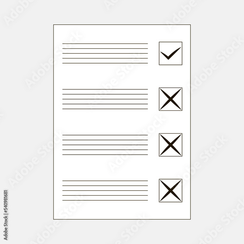 Completed ballot or form for voting or testing