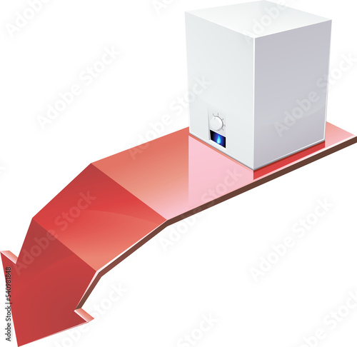 3D gas boiler with the flame of its blue pilot light placed on a falling red arrow (cut out)