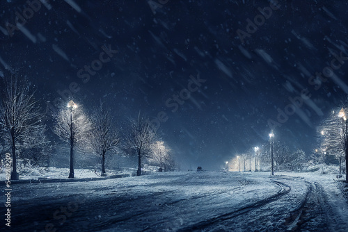 Landscape of snow storm winter background at night , digital art design, 3d rendering © Nuchylee